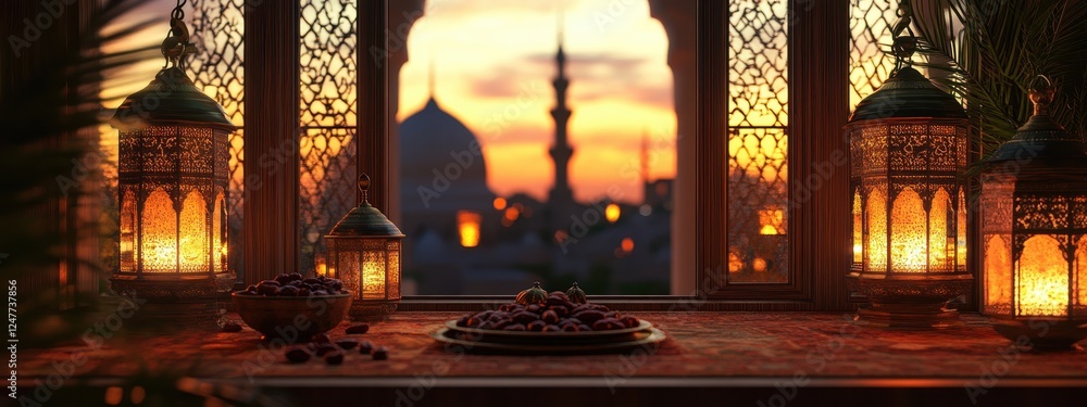 Poster ramadan sunset view with dates and lanterns.