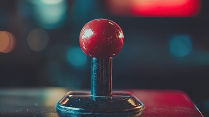 Close-up of a vintage red joystick on an arcade game console.