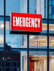 Modern hospital emergency entrance with bright red signage on glass building exterior, reflecting city lights, symbolizing urgent medical care, healthcare services, and critical response

