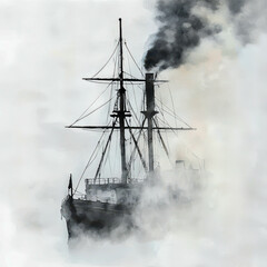 Obraz premium Vintage Steamship Emerging from Mystical Fog in Black and White