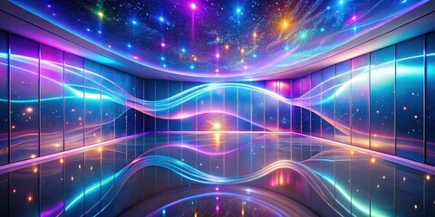 Obraz premium Abstract Futuristic Interior Design with Vibrant Neon Lights and Celestial Ceiling Decor