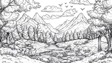 Mountain river landscape, forest, birds, coloring page