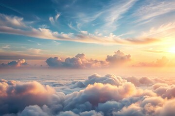 Fototapeta premium Golden Hour Above a Sea of Clouds A Breathtaking Aerial View of a Sunset Sky with Soft, Pastel Hues and Fluffy Cumulus Clouds