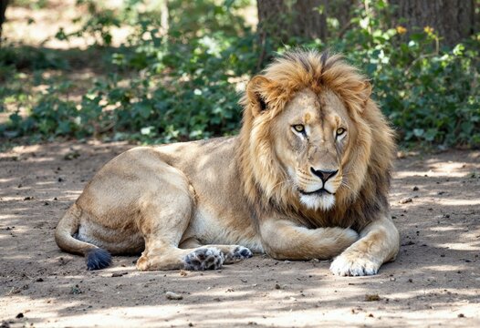 female lion resting on the ground on a sunny day
