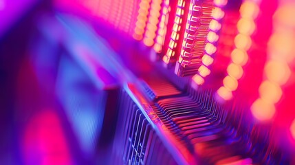 Close-up of illuminated circuit board with vibrant pink and blue lighting.