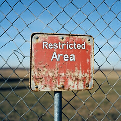 Rusty Restricted Area Sign on Chain Link Fence