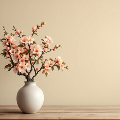 A stunning peach apricot blossom in a vase on a rustic wooden table, set against a soft beige sky. Ideal for spring-themed designs, home decor, and creative projects.