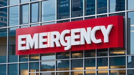 Fototapeta premium Modern hospital emergency entrance with bright red signage on glass building exterior, reflecting city lights, symbolizing urgent medical care, healthcare services, and critical response