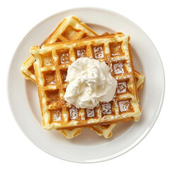 Classic Golden Waffles Topped with Cream and Powdered Sugar