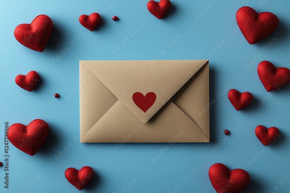 Poster envelope with a heart inside surrounded by multiple small hearts on a white background