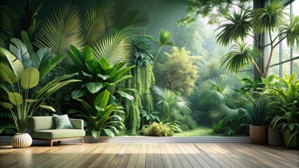 Fototapeta premium Serene Indoor Oasis Lush Tropical Foliage Wall Mural and Modern Green Sofa in a Sunlit Room with Potted Plants