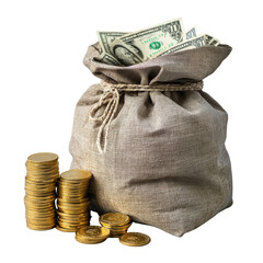 Money Bag with Dollar Bills and Stacked Coins on White Background