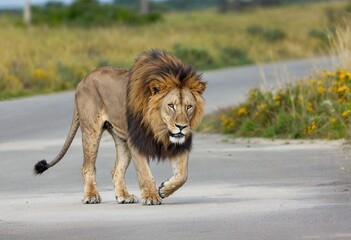 male lion walking on the road