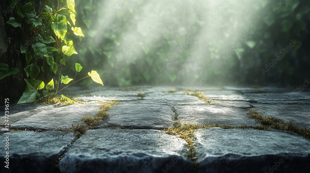 Poster realistic background with stone floor and soft light rays