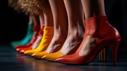 A captivating row of colorful high heels showcased at a fashion show, highlighting the interplay of style, creativity, and human expression through footwear design and fashion aesthetics.
