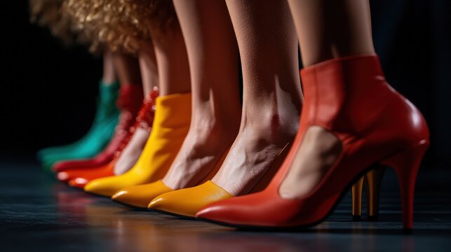 A captivating row of colorful high heels showcased at a fashion show, highlighting the interplay of style, creativity, and human expression through footwear design and fashion aesthetics.