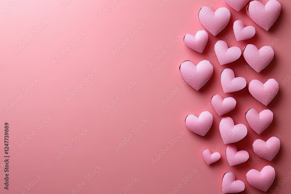 Poster pink hearts scattered on a soft pink background creating a romantic and playful visual texture