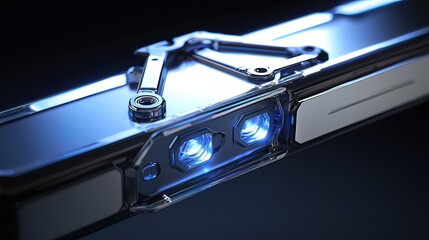 Futuristic device with glowing sensors and intricate mechanical details.