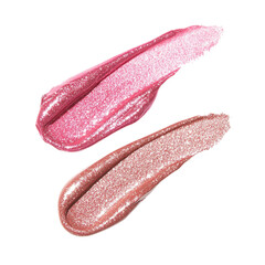 Shimmery Pink and Nude Lip Gloss Swatches on White Background