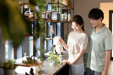 観葉植物に水やりをする夫婦