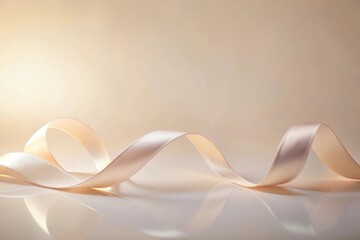Fototapeta premium Elegant blush pink ribbon elegantly curves on a reflective surface, bathed in soft, gentle light, creating a sophisticated and delicate visual