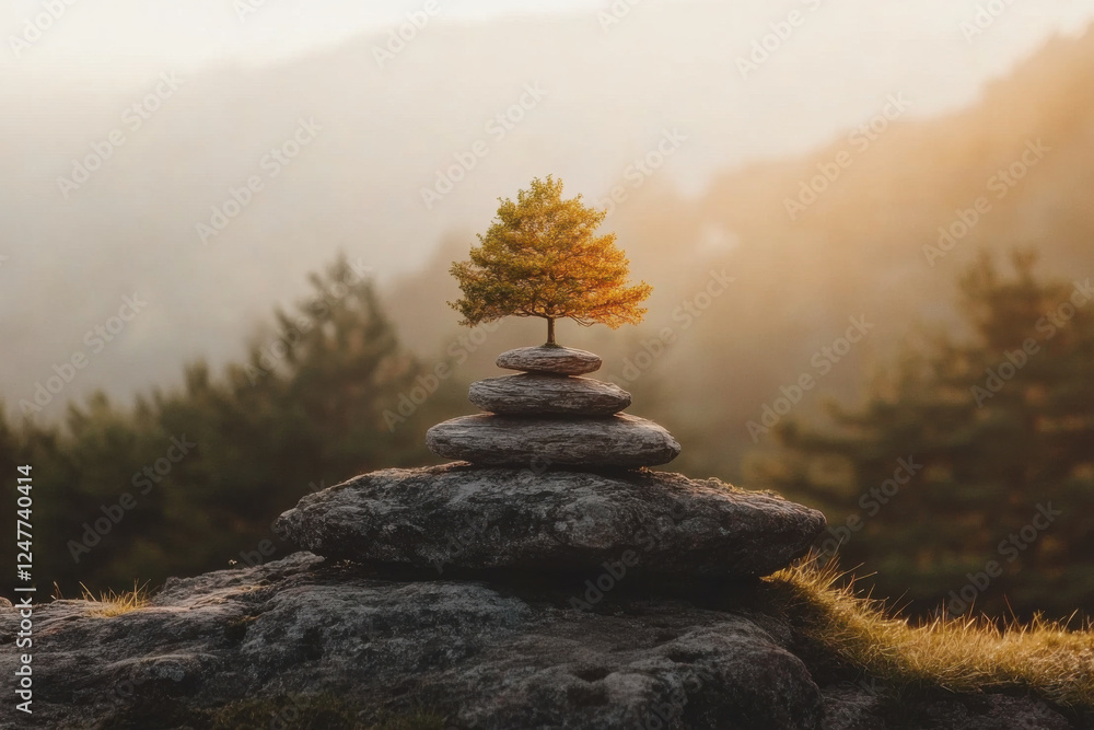 Poster a small tree is on top of a stack of rocks