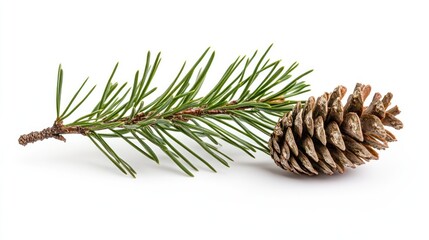 Pine branch and cone on white background, nature, winter, holiday, decoration