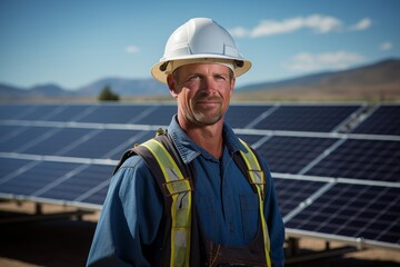 Obraz premium Portrait of a male engineer next to solar panels