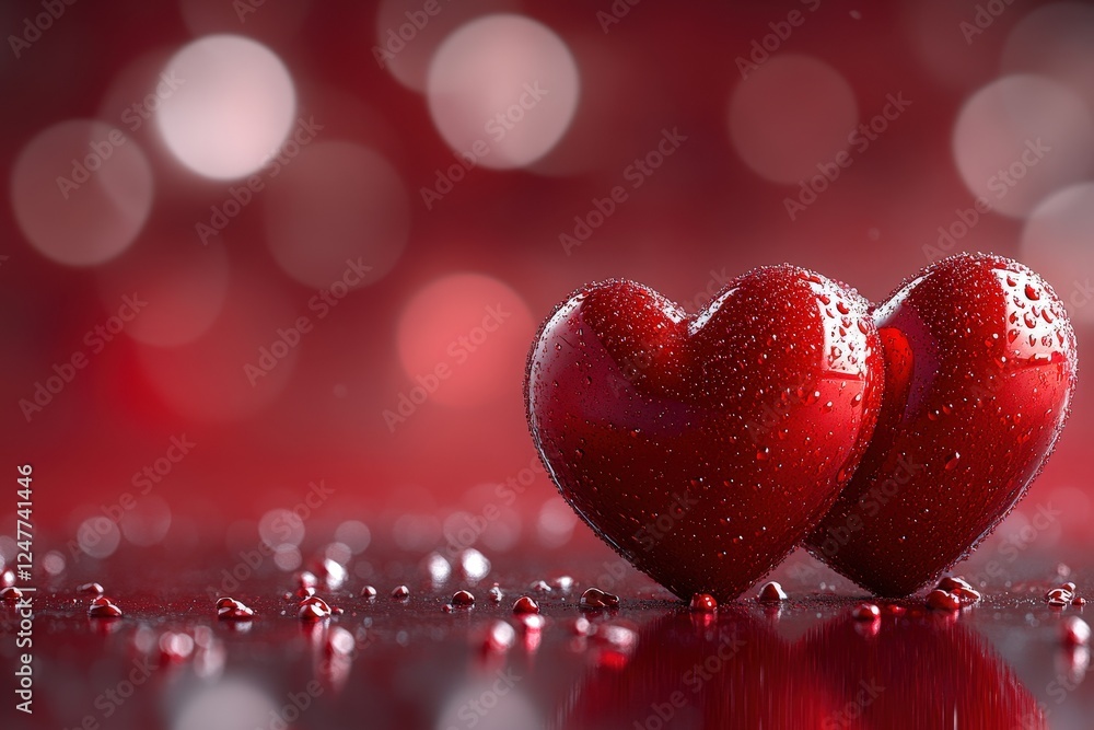 Poster two red hearts placed on a shiny reflective surface creating a romantic and warm atmosphere