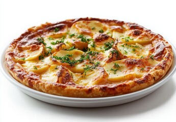 Golden Brown Potato Pie with Crispy Crust and Fresh Herbs Garnish on White Background Ideal for Food Photography and Culinary Arts Projects
