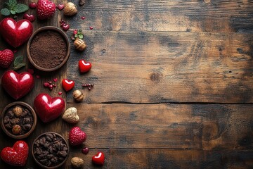 Wooden table displaying a variety of fresh fruits and chocolates arranged for a delightful presentation