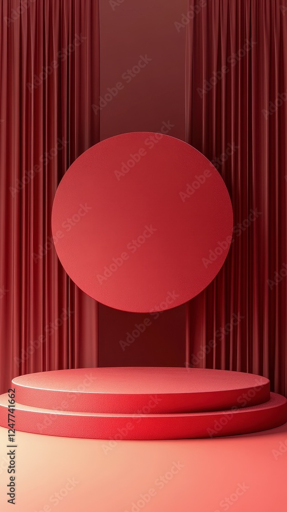 Poster minimalist red stage with circular display for presentation concepts