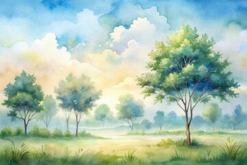 Obraz premium Serene Watercolor Landscape Depicting a Tranquil Meadow with Lush Greenery Under a Softly Lit Sky