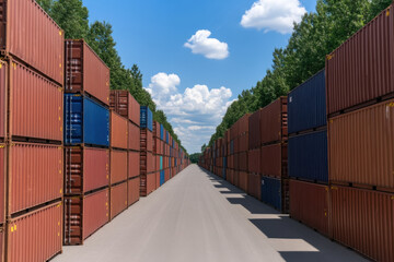 Fototapeta premium A row of red and blue shipping containers are stacked on top of each other