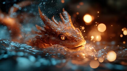 A vibrant, serpent-like creature emerges from waters sparkling with light, creating an enchanting and colorful scene that invites exploration of mythical realms.