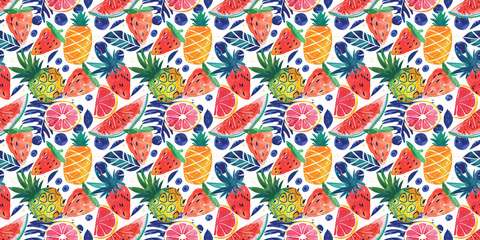 Hand-drawn grunge textured tropical leaves in seamless pattern. Tropical leaf silhouette elements background. Palm, fan palm, monstera, banana leaf in grunge retro style. Line art.