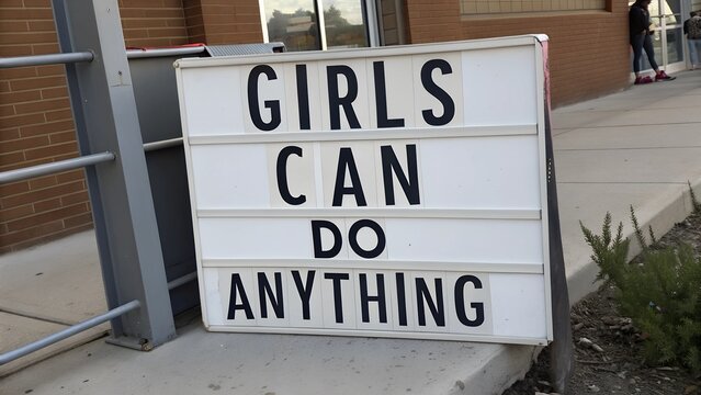 Outdoor white lightbox sign with bold black text 'GIRLS CAN DO ANYTHING' placed on a sidewalk near a brick building. Feminist empowerment and motivation concept