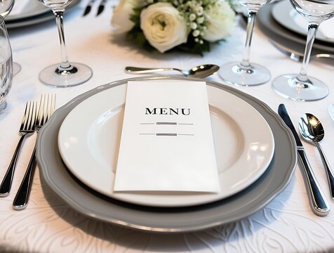 Elegant fine dining table setting with white porcelain plates, silverware, and a printed menu card on a luxurious tablecloth, decorated with fresh white flowers for a sophisticated ambiance

