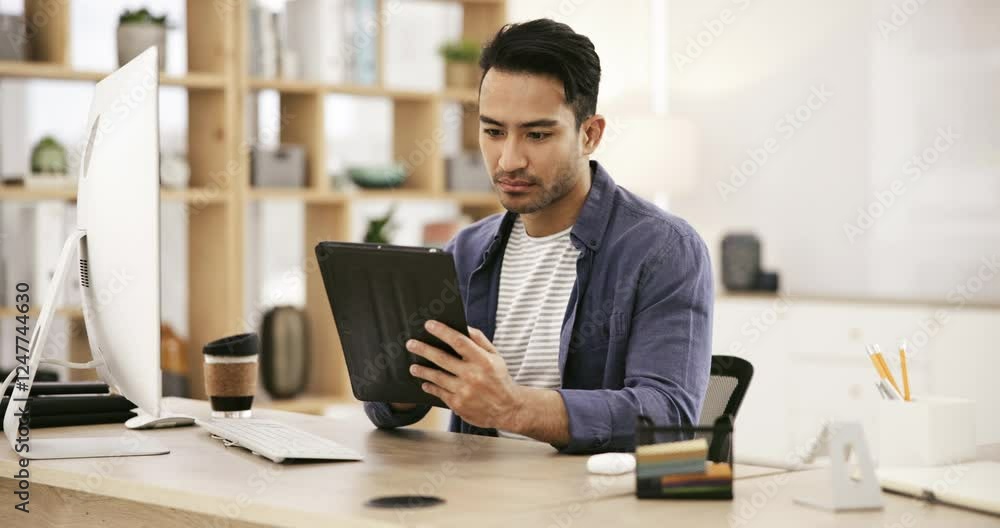 Aufkleber desk, tablet and business man in office for planning, online project and website in workplace. creat