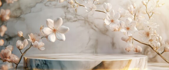 Elegant Marble Background with Delicate Cherry Blossom Branches