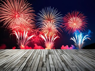 Vibrant fireworks explode in the night sky above a rustic wooden deck, creating a dazzling and festive display perfect for celebrations, holidays, and special events with a joyful atmosphere

