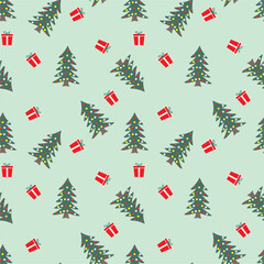 Seamless Christmas pattern with festive elements like trees, gifts, snowflakes, and ornaments.