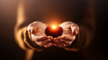 A pair of hands gently cradled a glowing red heart, symbolizing care, affection and unconditional love
