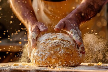 Fototapeta premium Closeup of hands breaking freshly baked bread