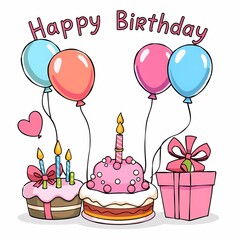Birthday Celebration: A cheerful illustration of a birthday celebration, featuring a  cake with candles, presents, and balloons. The cartoon style adds a touch of playful whimsy.
