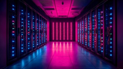 Fototapeta premium Exploring the Neon-Lit Heart of a Modern Data Center: A Glimpse into the Digital Age