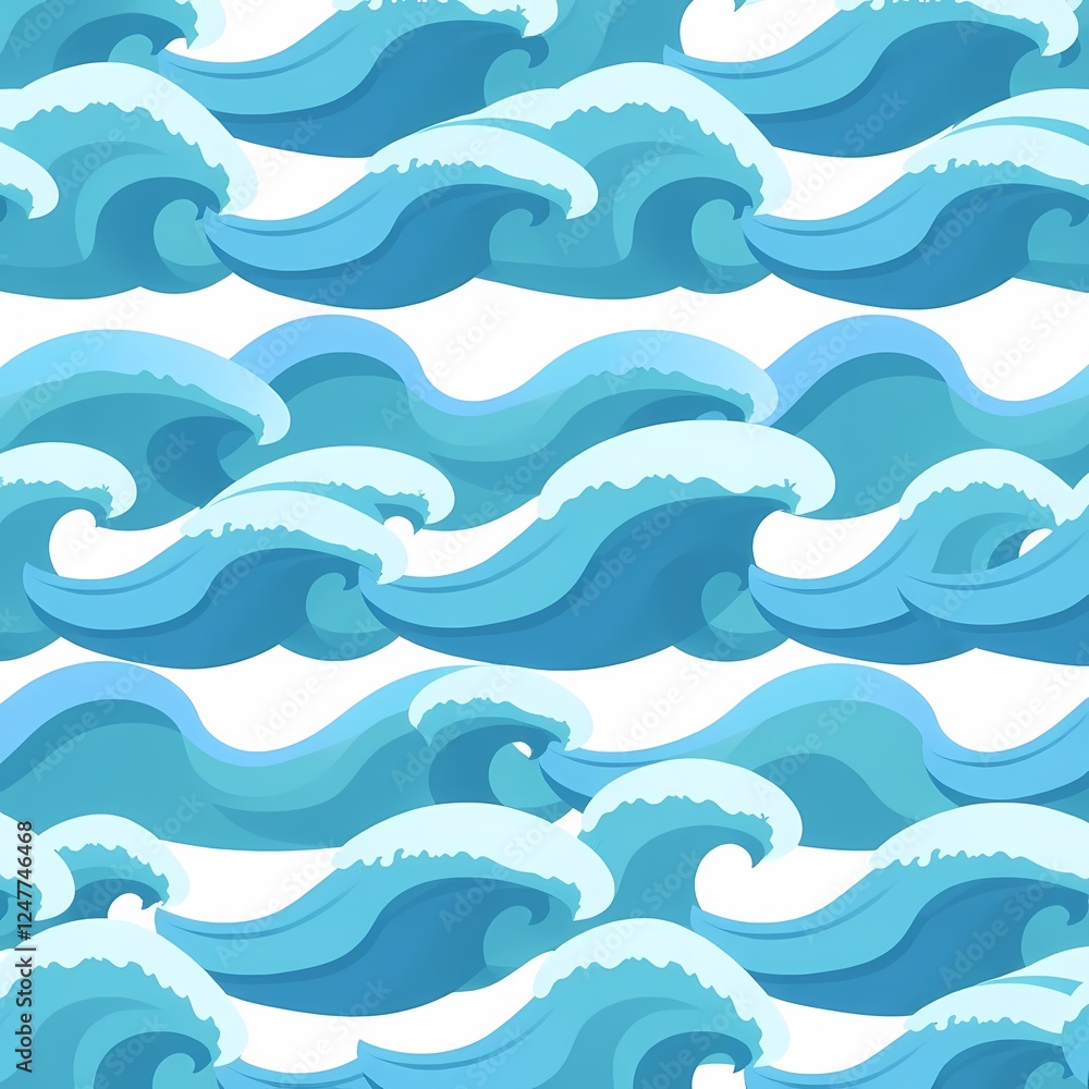 Poster seamless ocean waves pattern: a vibrant, repeating pattern of stylized ocean waves in varying shades