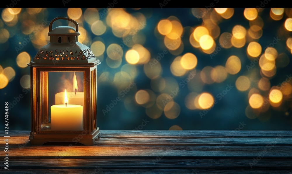 Poster glowing candle lantern on wooden table with bokeh lights.