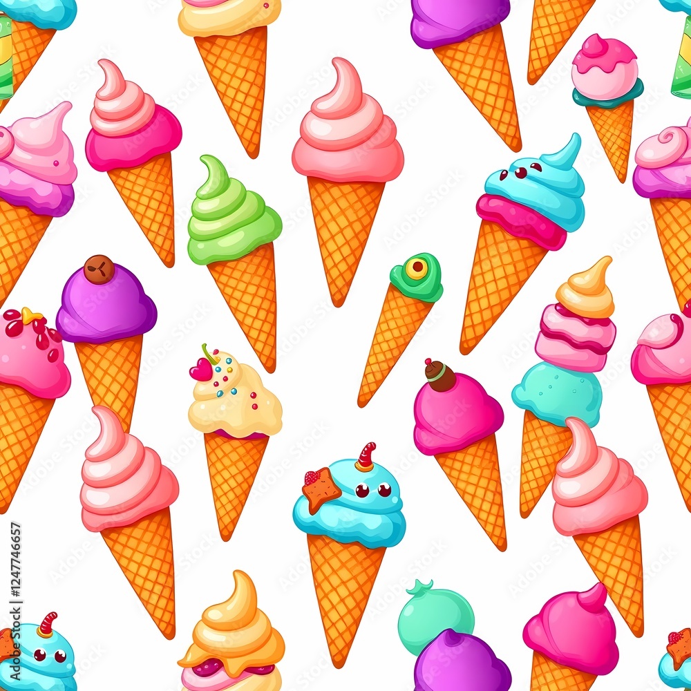 Poster whimsical ice cream cone pattern: a delightful and colorful seamless pattern featuring a variety of 