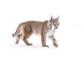 Obraz premium Eurasian Lynx Walking Gracefully on White Snow Background, High Key Studio